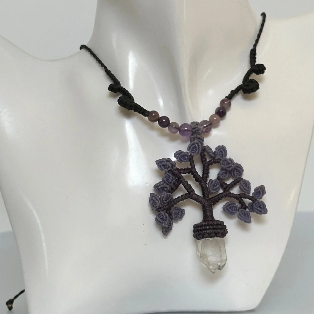 Jade white amethyst Purple art made Tree of Life Necklace made in france
